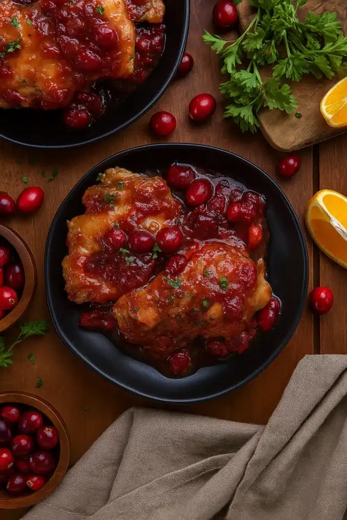 Cranberry Orange Chicken | Quick & Amazing Holiday Recipe 10 Cranberry orange chicken on black plates with glossy sauce and fresh herbs