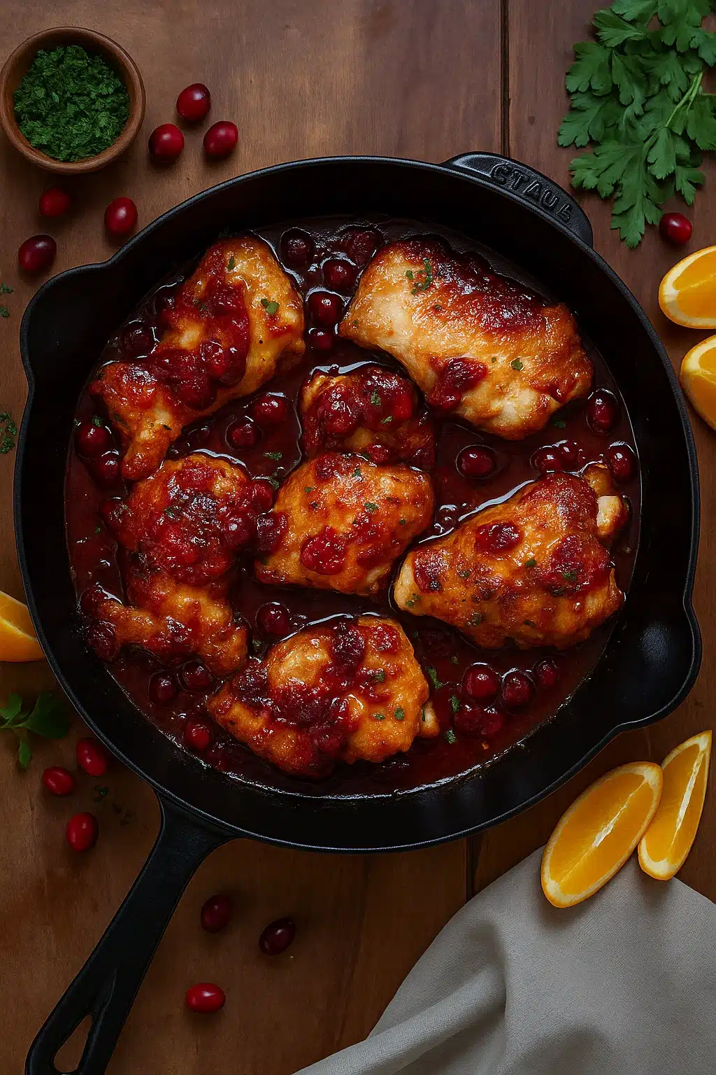 Cranberry orange chicken in cast iron skillet with glossy sauce