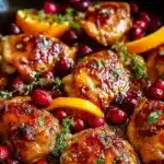 Cranberry Orange Chicken | Easy & Delicious Holiday Recipe 11 Cranberry orange chicken in skillet with fresh cranberries and orange slices
