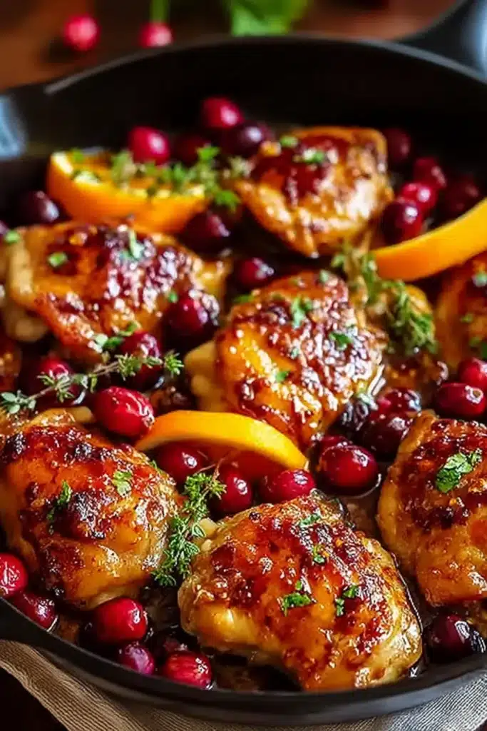 Cranberry Orange Chicken | Easy & Delicious Holiday Recipe 13 Cranberry orange chicken in skillet with fresh cranberries and orange slices