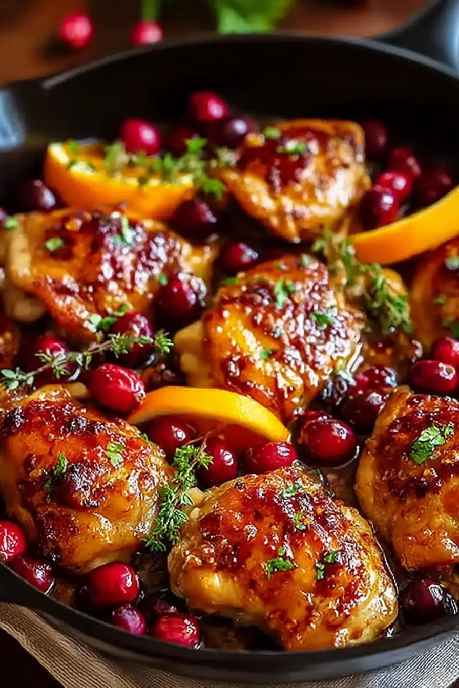 home 10 Cranberry orange chicken in skillet with fresh cranberries and orange slices