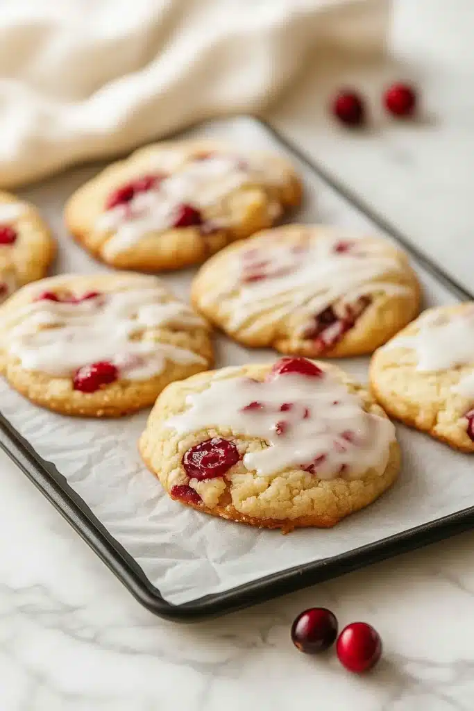 Cranberry Orange Cookies | Soft, Chewy & Amazing Treat 7 Cranberry orange cookies fresh from the oven on a baking tray