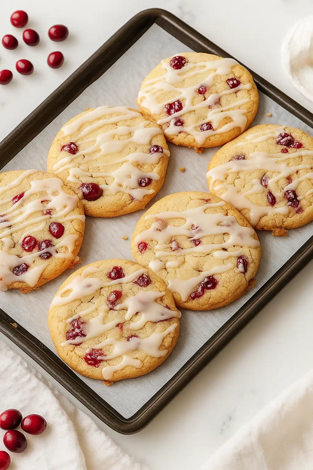 Cranberry orange cookies with icing on a baking tray
