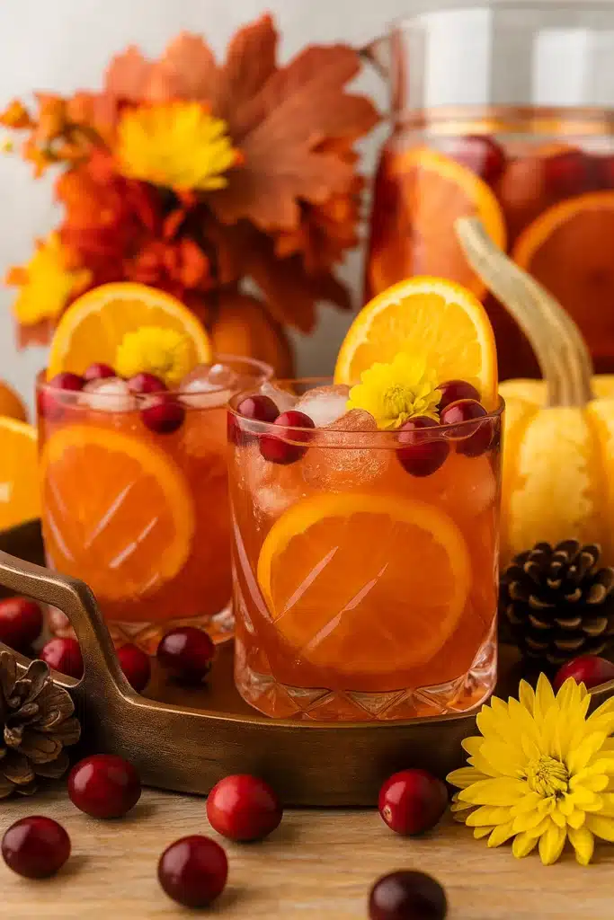 Cranberry Orange Prosecco Punch with oranges, cranberries, and fall flowers