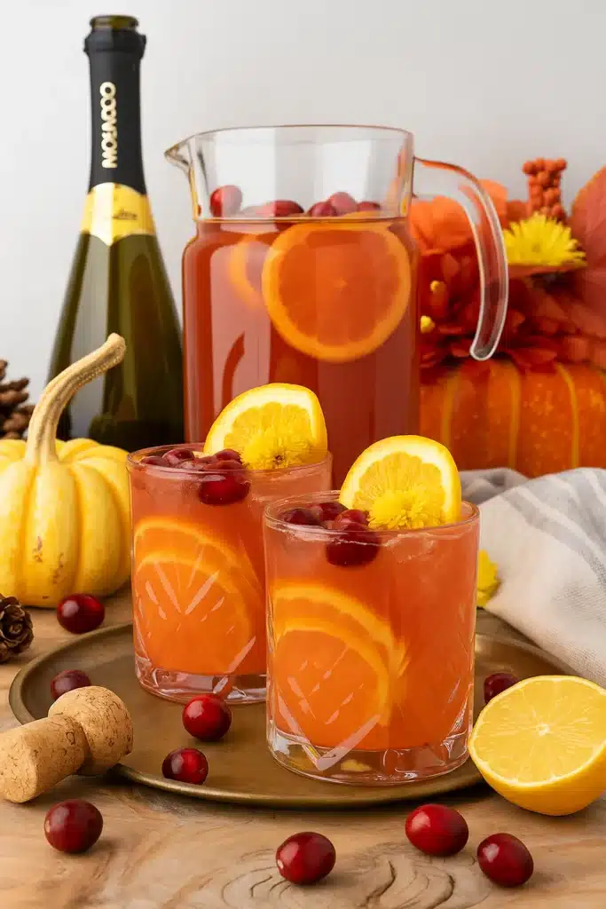 Cranberry Orange Prosecco Punch pitcher and glass with oranges and cranberries