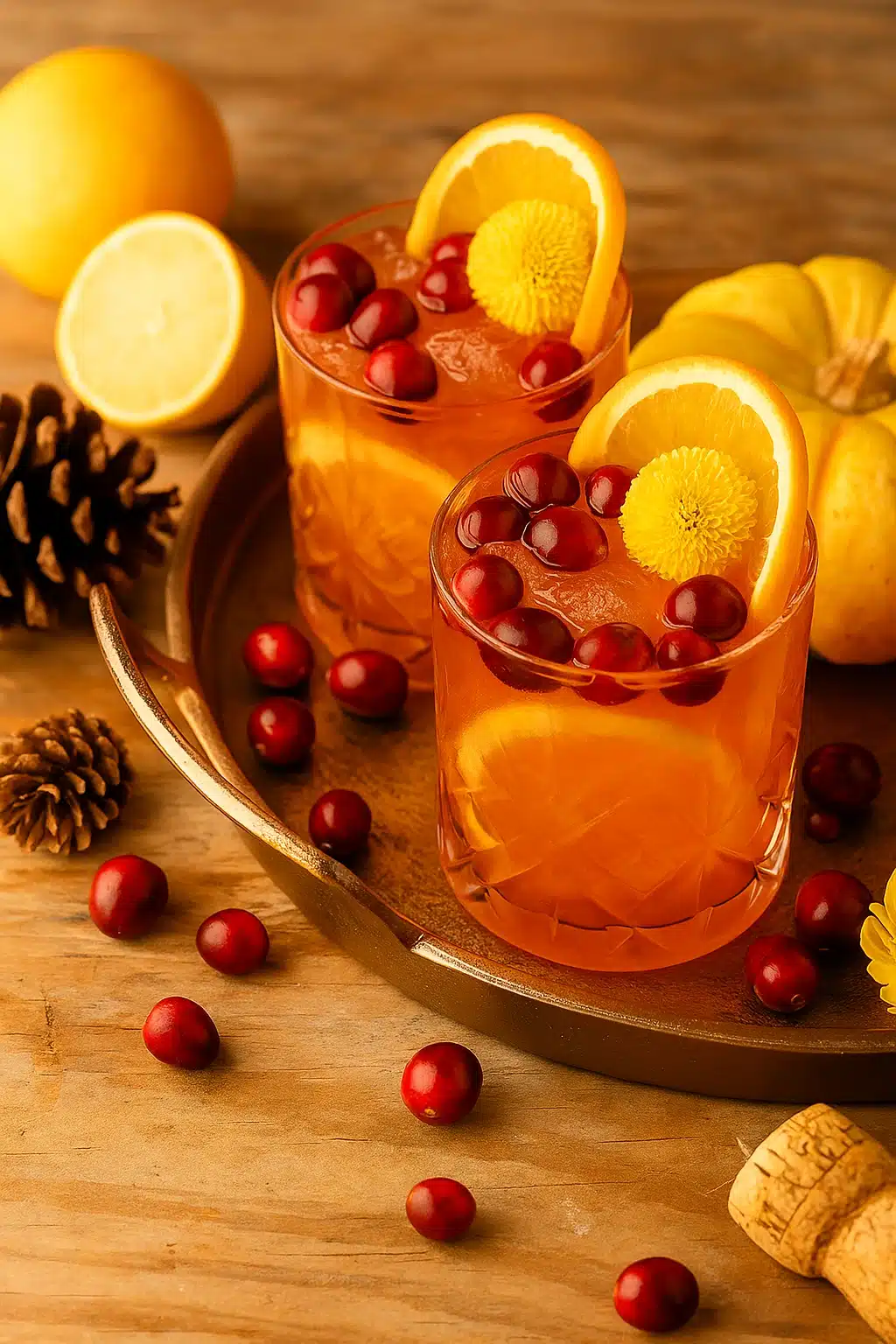 Cranberry orange prosecco punch with oranges and cranberries in festive fall setting