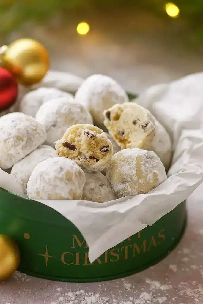 Cranberry orange snowball cookies in a green holiday tin with powdered sugar
