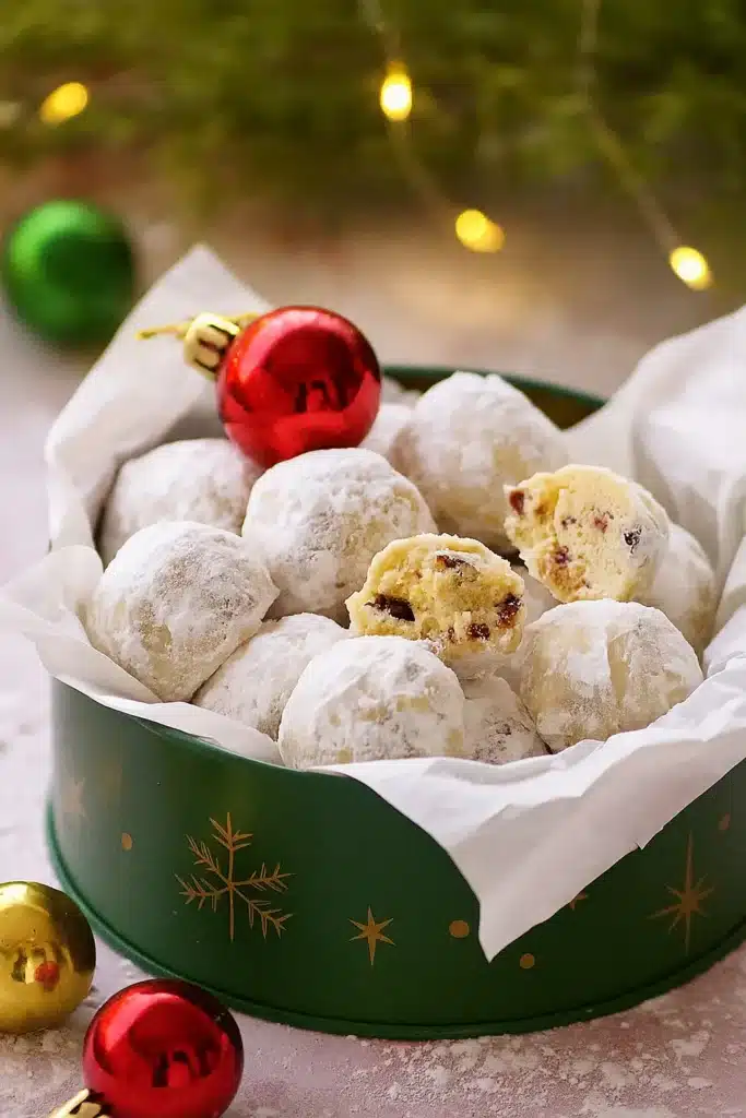 Cranberry orange snowball cookies in a green holiday tin with powdered sugar