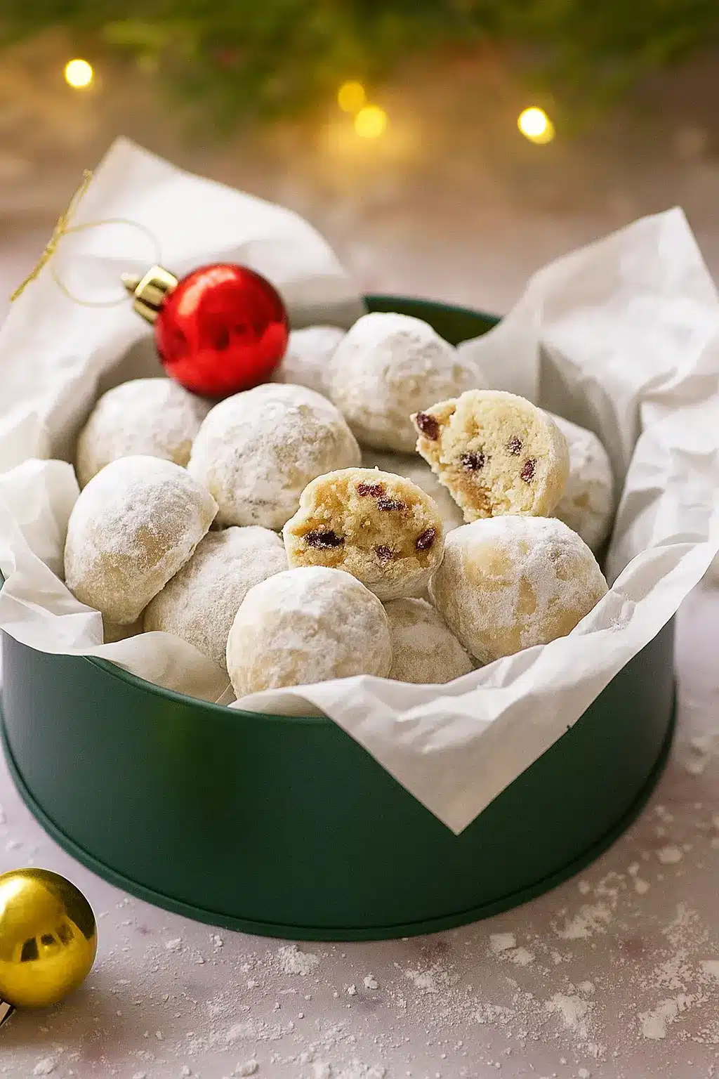 Cranberry orange snowball cookies in a green Christmas tin with powdered sugar