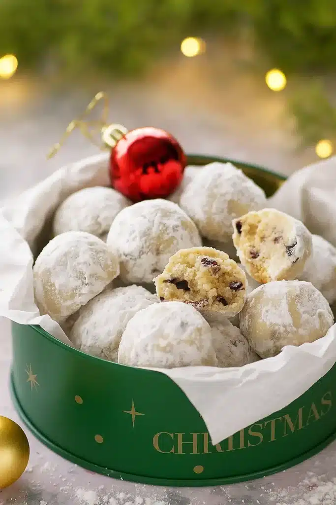 Cranberry orange snowball cookies in a green Christmas tin with powdered sugar