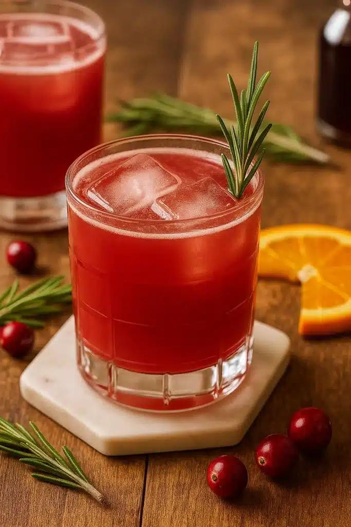 Cranberry orange whiskey sour cocktail with rosemary on marble coaster