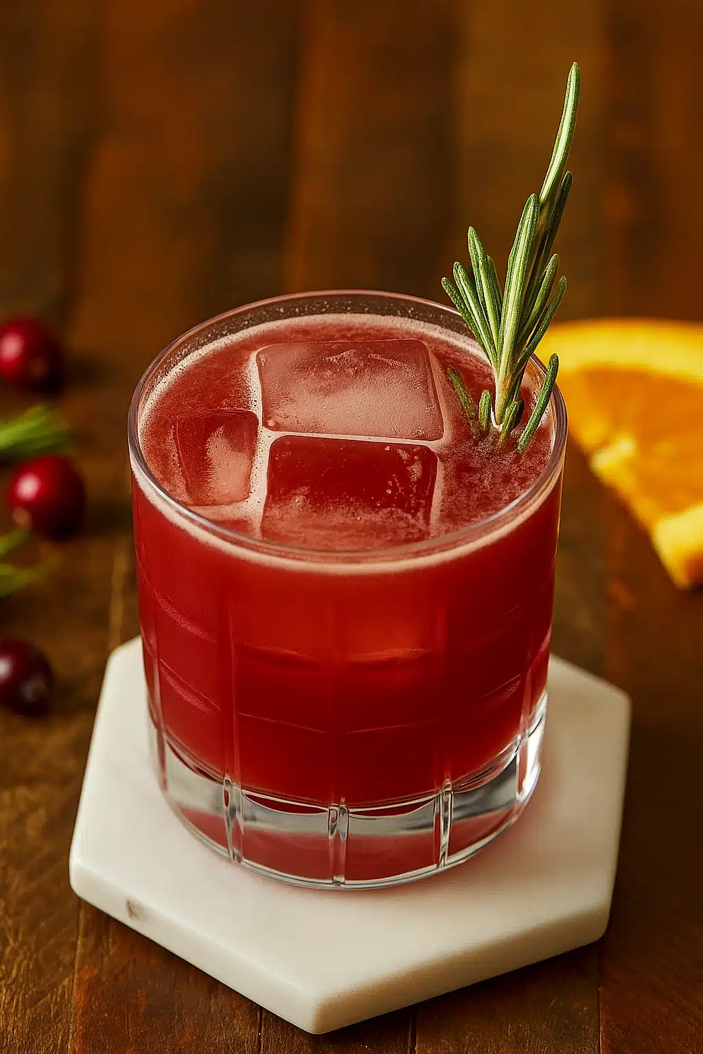 Cranberry orange whiskey sour cocktail with rosemary and ice on wooden table