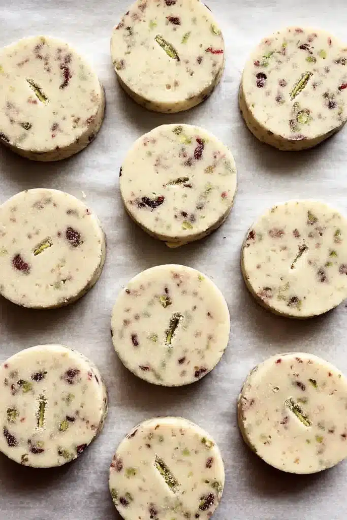 Unbaked cranberry pistachio shortbread cookies with fork holes on parchment paper