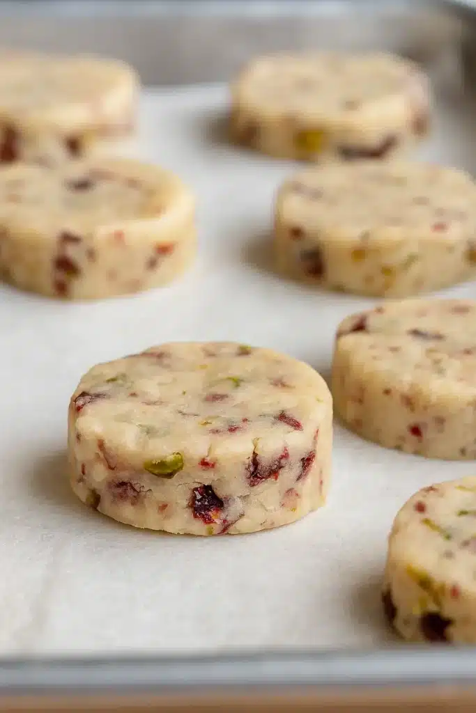 Unbaked cranberry pistachio shortbread cookies on parchment paper