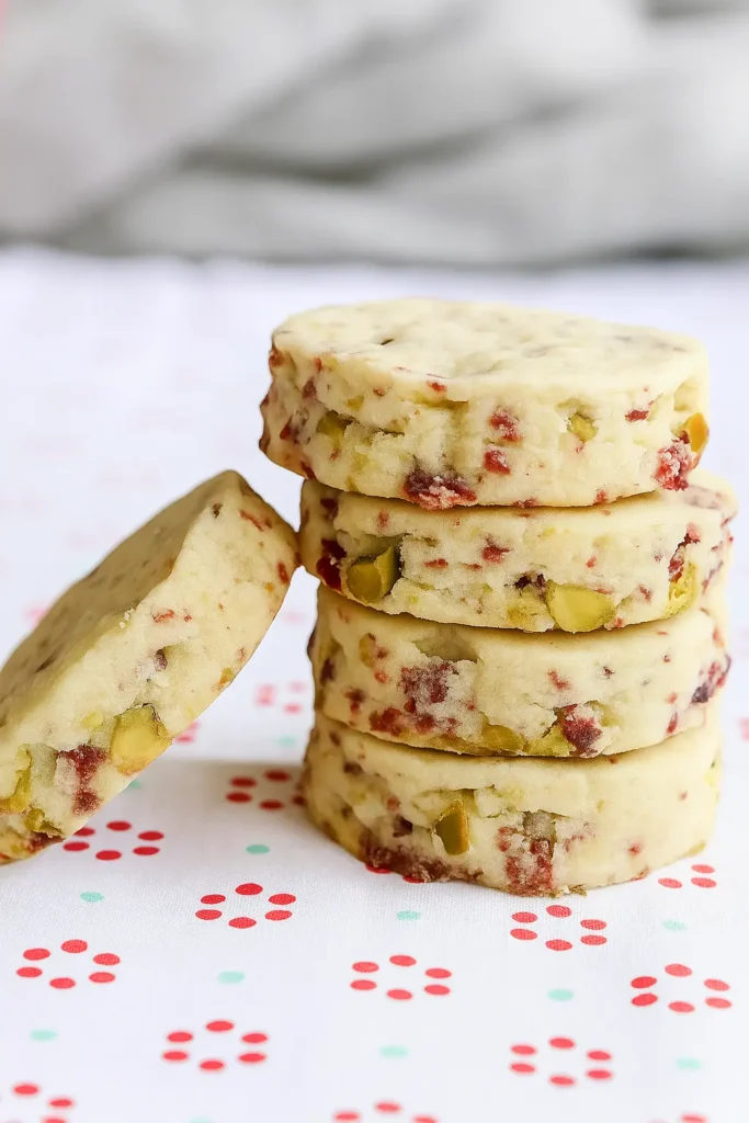 Stack of cranberry pistachio shortbread cookies on a light festive background
