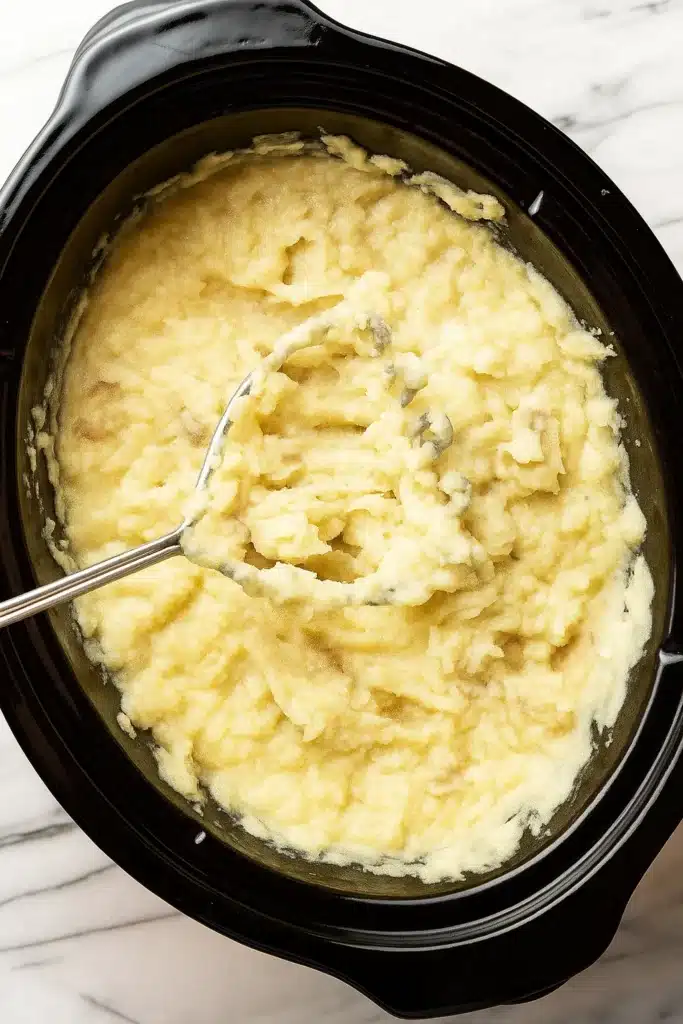 Crockpot mashed potatoes freshly mashed and creamy in slow cooker