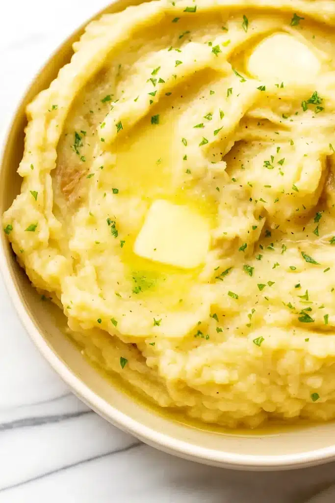 Creamy mashed potatoes with melting butter and parsley in a white bowl