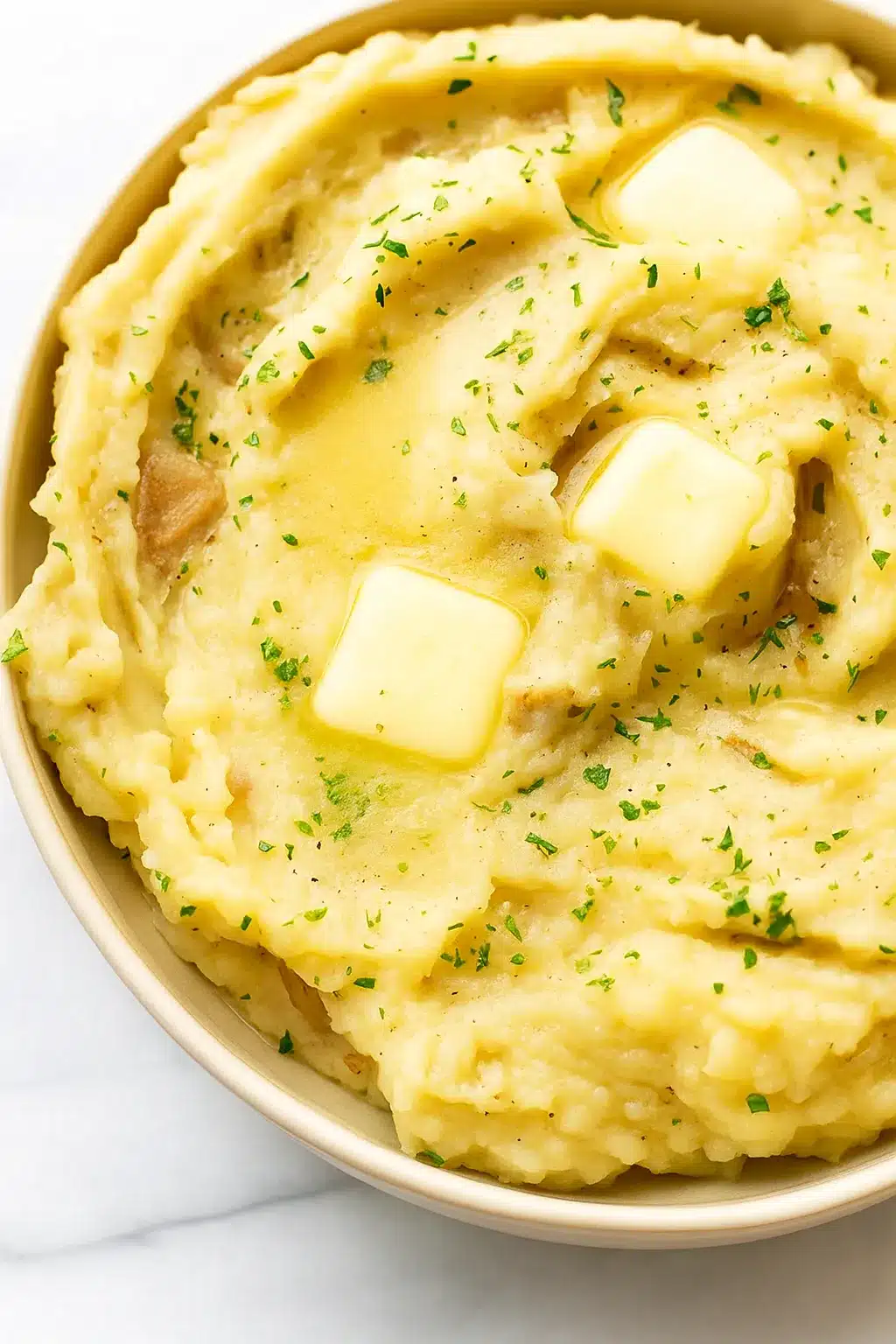 Crockpot mashed potatoes with melted butter and parsley in a white bowl