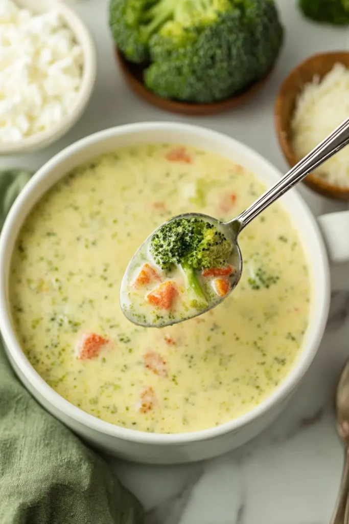 Spoon lifting creamy high protein broccoli cheddar soup from white bowl