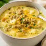 Sausage Potato Soup | Amazing Creamy Comfort Bowl 13 Creamy sausage potato soup with melted cheese and parsley in gray bowl