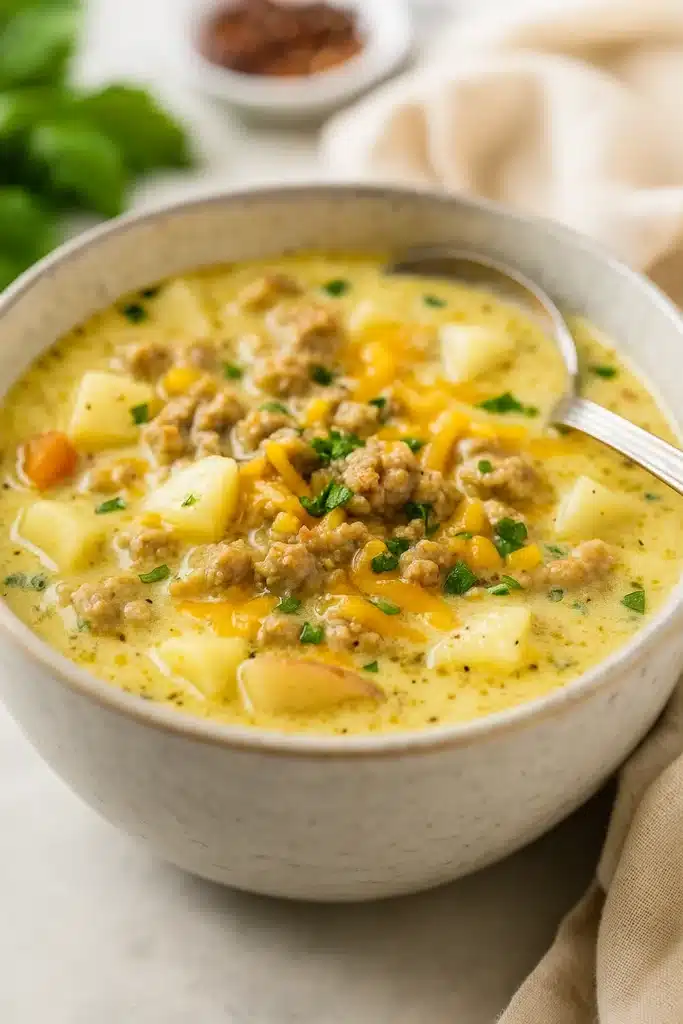 Sausage Potato Soup | Amazing Creamy Comfort Bowl 9 Creamy sausage potato soup with melted cheese and parsley in gray bowl