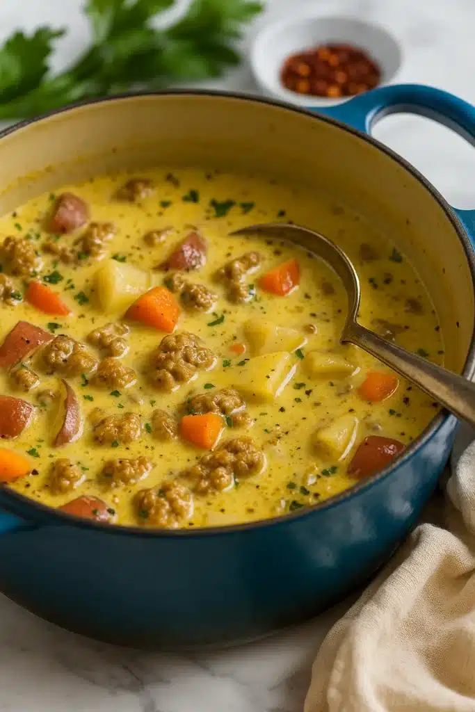 Sausage Potato Soup | Amazing Creamy Comfort Bowl 8 Sausage potato soup simmering in a blue Dutch oven with creamy broth