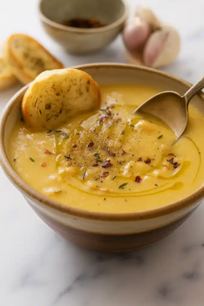 Vegan Garlic Chickpea Soup | Simple, Cozy & Delicious 11 Vegan garlic chickpea soup with olive oil drizzle and toasted bread