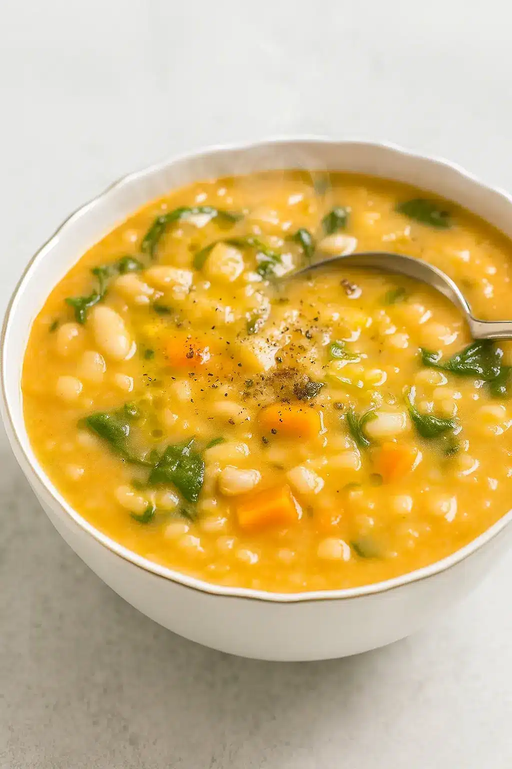 The Best White Bean Soup with carrots, spinach, and olive oil on a white-gray table