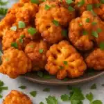 Crispy air fryer buffalo cauliflower piled on a plate with fresh herbs