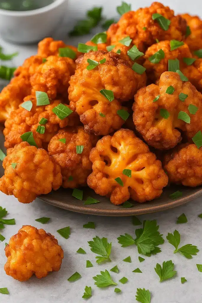 Air Fryer Buffalo Cauliflower | Crispy & Amazing Snack 9 Crispy air fryer buffalo cauliflower piled on a plate with fresh herbs