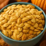 Rustic bowl of golden roasted pumpkin seeds on wooden table
