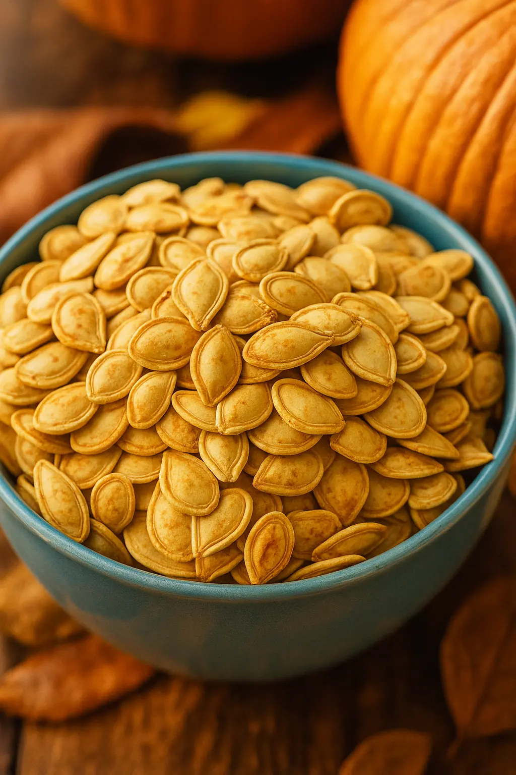 Rustic bowl of golden roasted pumpkin seeds on wooden table