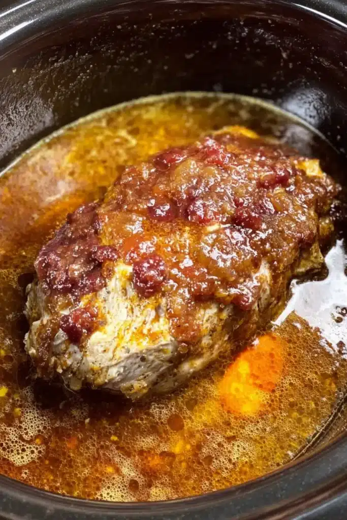 Cooked Crock Pot turkey breast with cranberry glaze in slow cooker