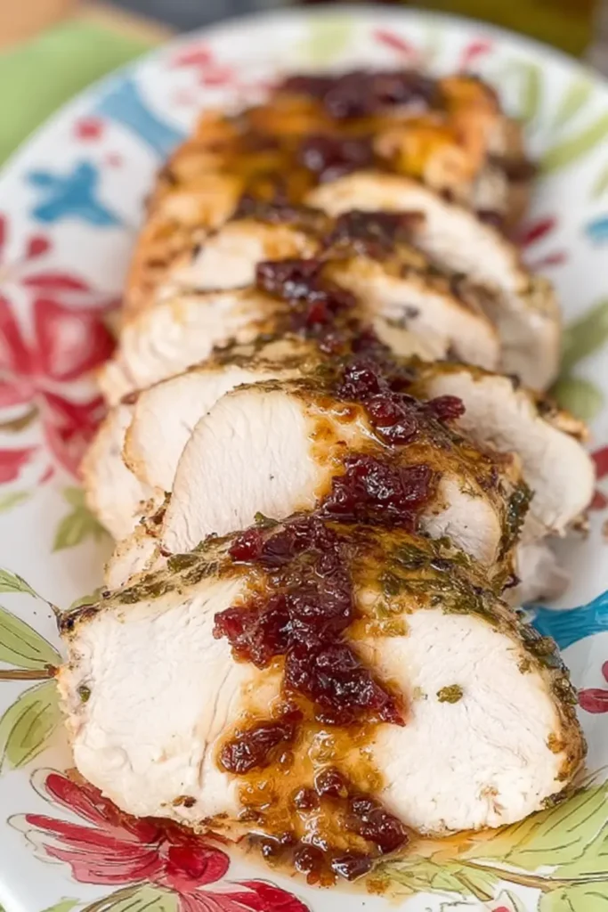 Sliced Crock Pot turkey breast with cranberry glaze on floral platter
