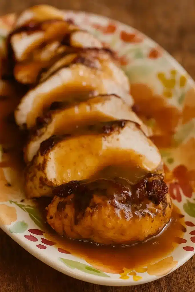 Sliced Crock Pot turkey breast with cranberry gravy on floral plate