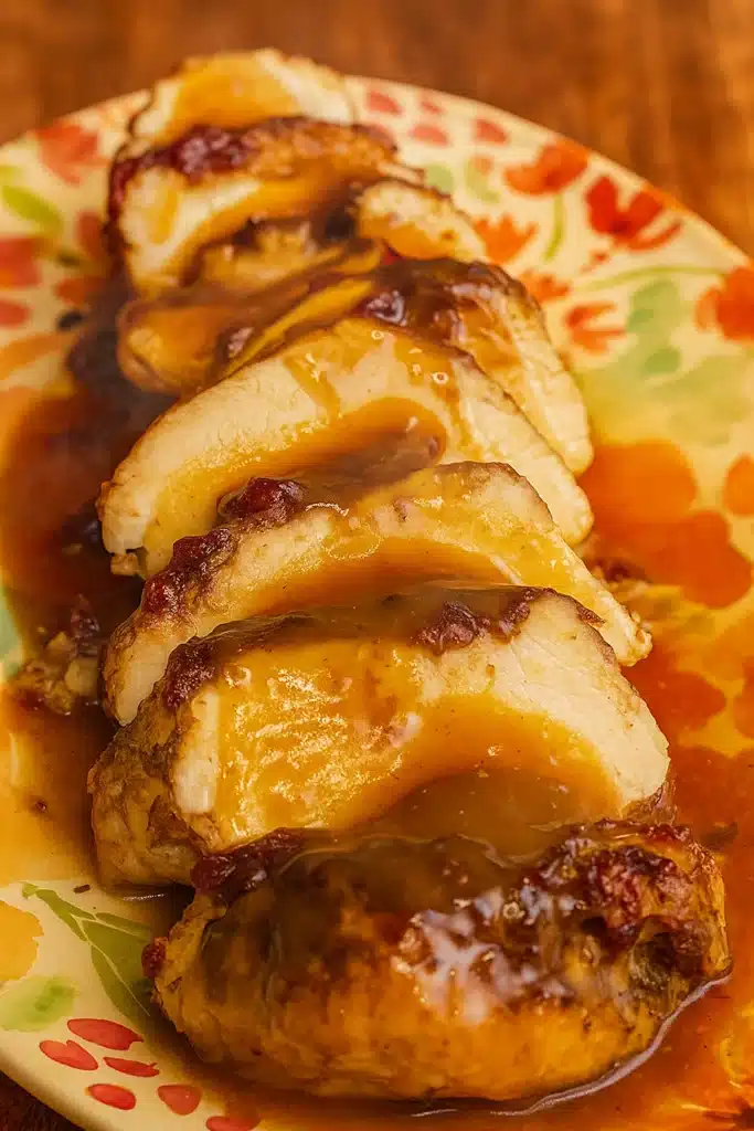 Crock Pot turkey breast slices topped with glossy cranberry gravy