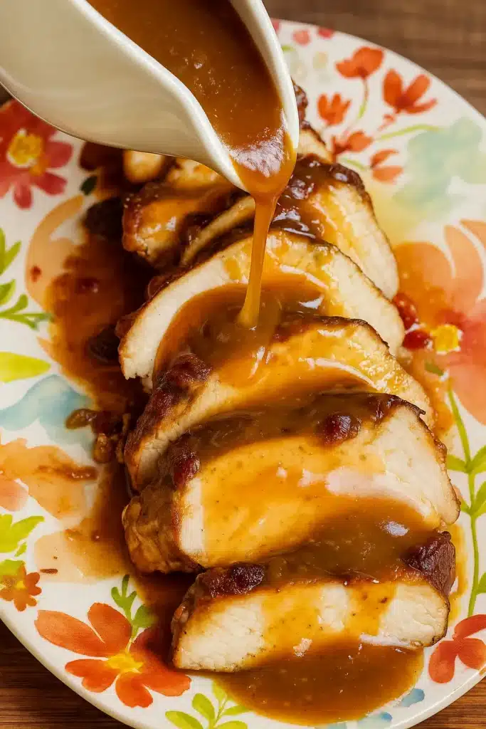 Pouring cranberry gravy over Crock Pot turkey breast slices