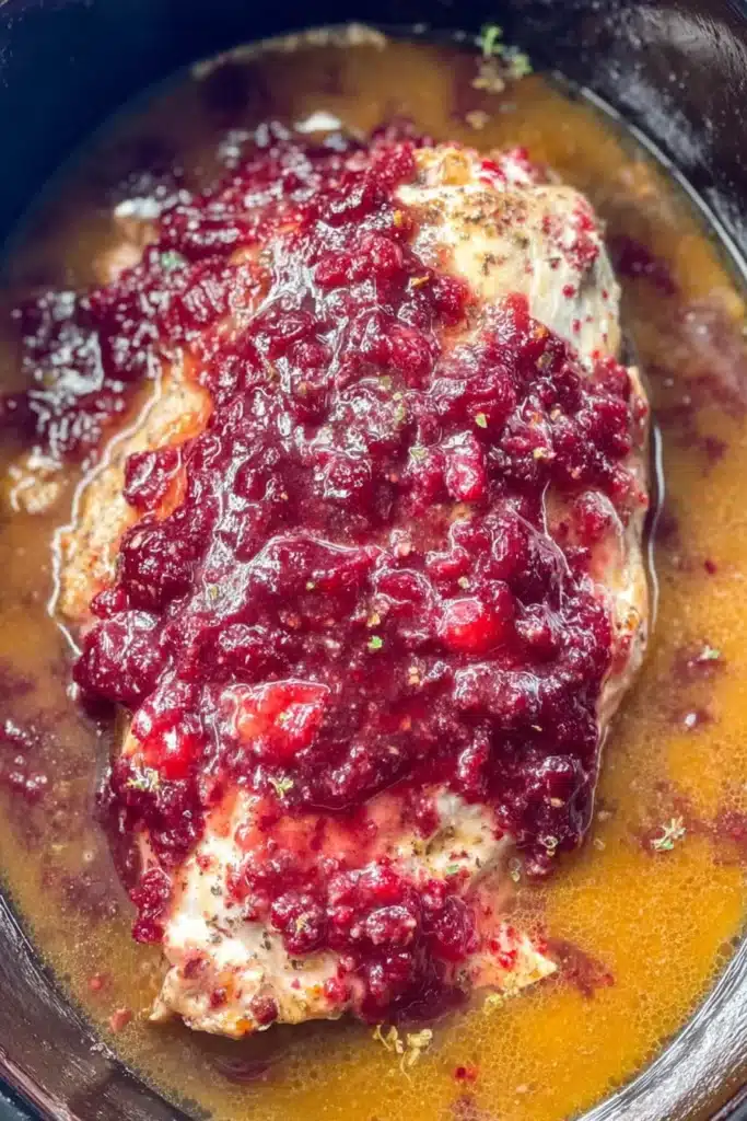 Crock Pot turkey breast topped with cranberry sauce before slow cooking