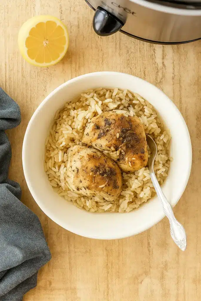 CrockPot Lemon Chicken and Rice | Easy Slow Cooker Comfort 7 Overhead view of CrockPot Lemon Chicken and Rice with lemon and napkin