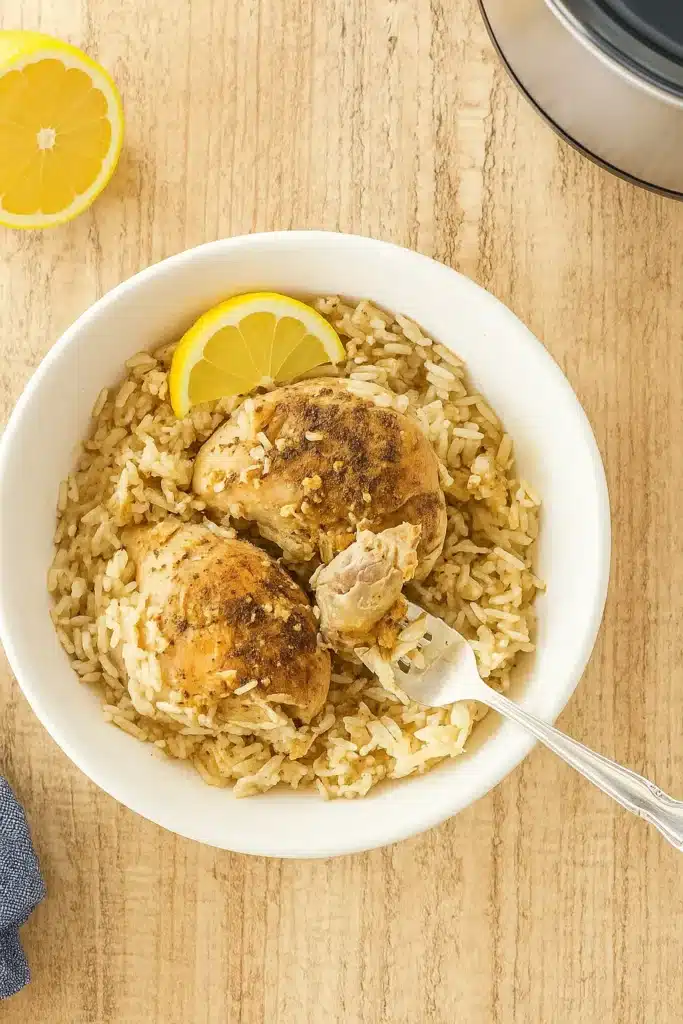 CrockPot Lemon Chicken and Rice | Easy Slow Cooker Comfort 9 CrockPot Lemon Chicken and Rice with fork in white bowl on rustic table