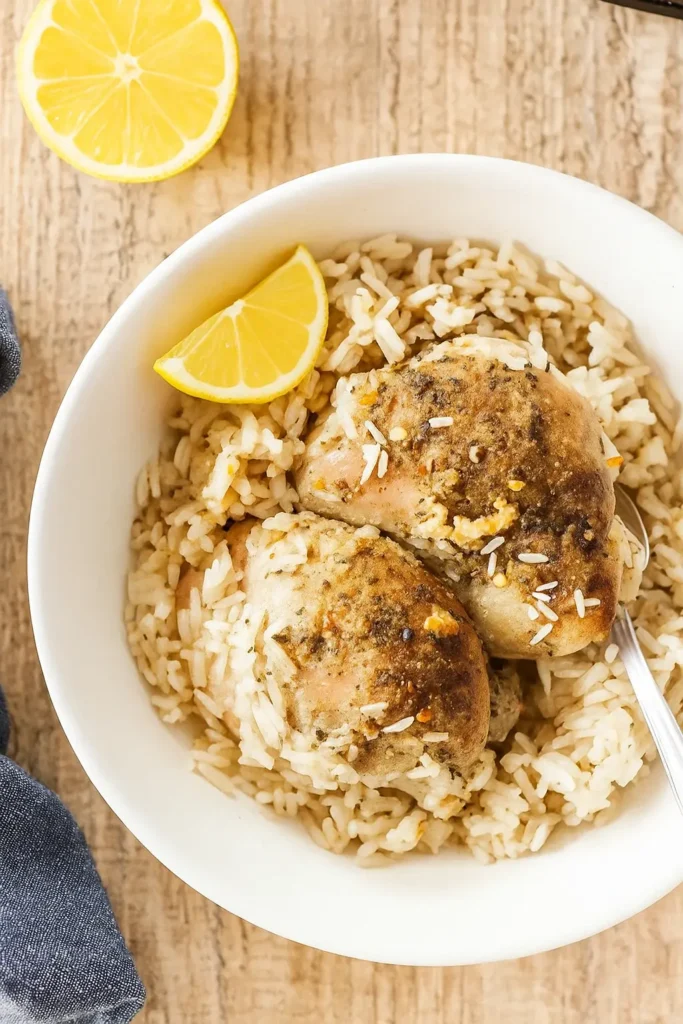 CrockPot Lemon Chicken and Rice in a white bowl with fluffy rice and herbs