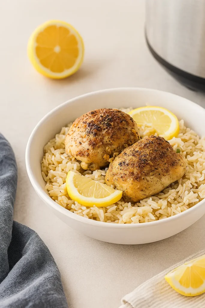 CrockPot Lemon Chicken and Rice | Easy Slow Cooker Comfort 6 CrockPot Lemon Chicken and Rice served in a white bowl on a rustic table