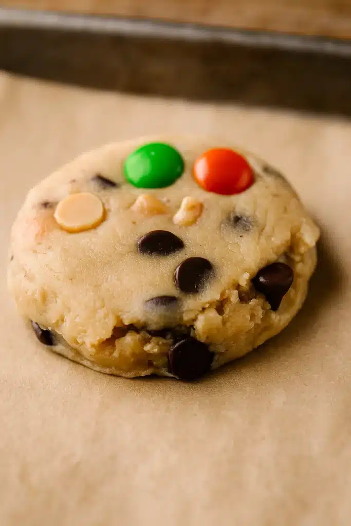 Crumbl Monster cookie recipe dough with candies and chips on baking mat