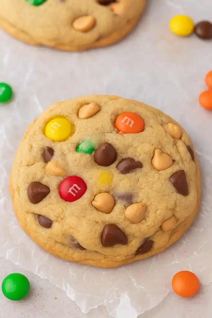 Crumbl Monster cookie recipe with candies, chocolate, and peanut butter chips on parchment