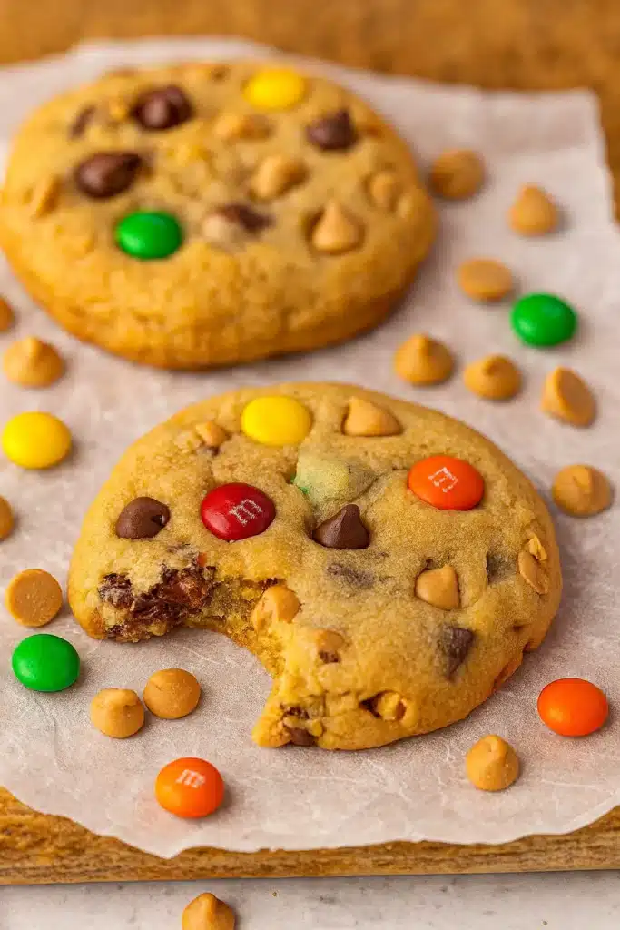 Crumbl Monster cookie recipe with colorful candies and a bite showing chewy inside