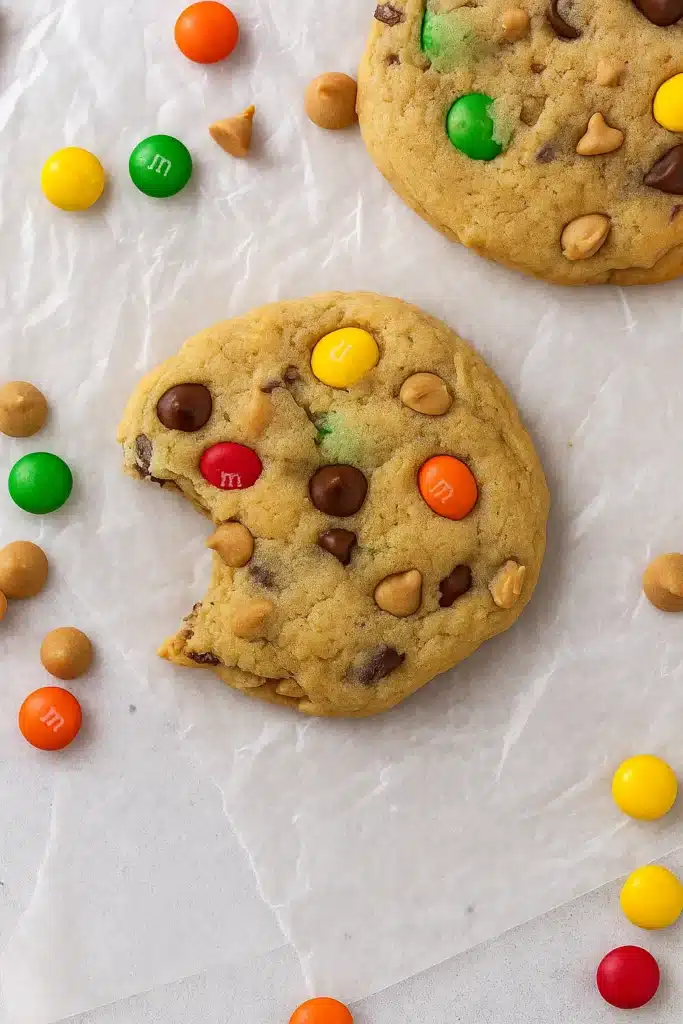 Chewy monster cookie with colorful candies, peanut butter chips, and a bite taken out