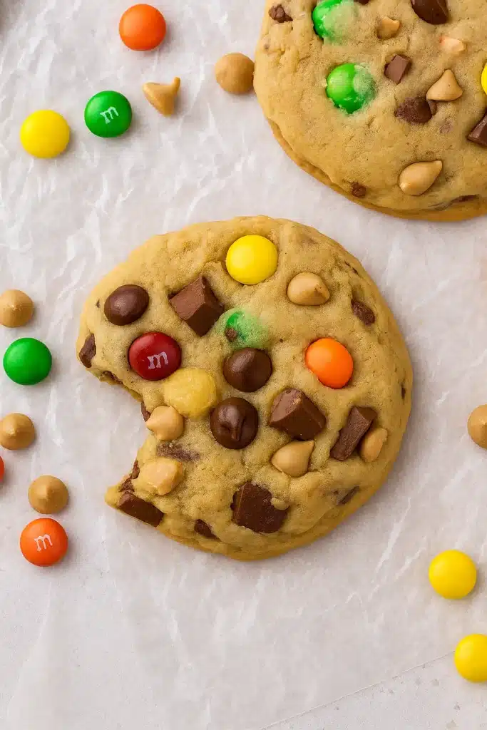 Crumbl Monster cookie recipe with colorful candies, peanut butter chips, and chewy cookie texture
