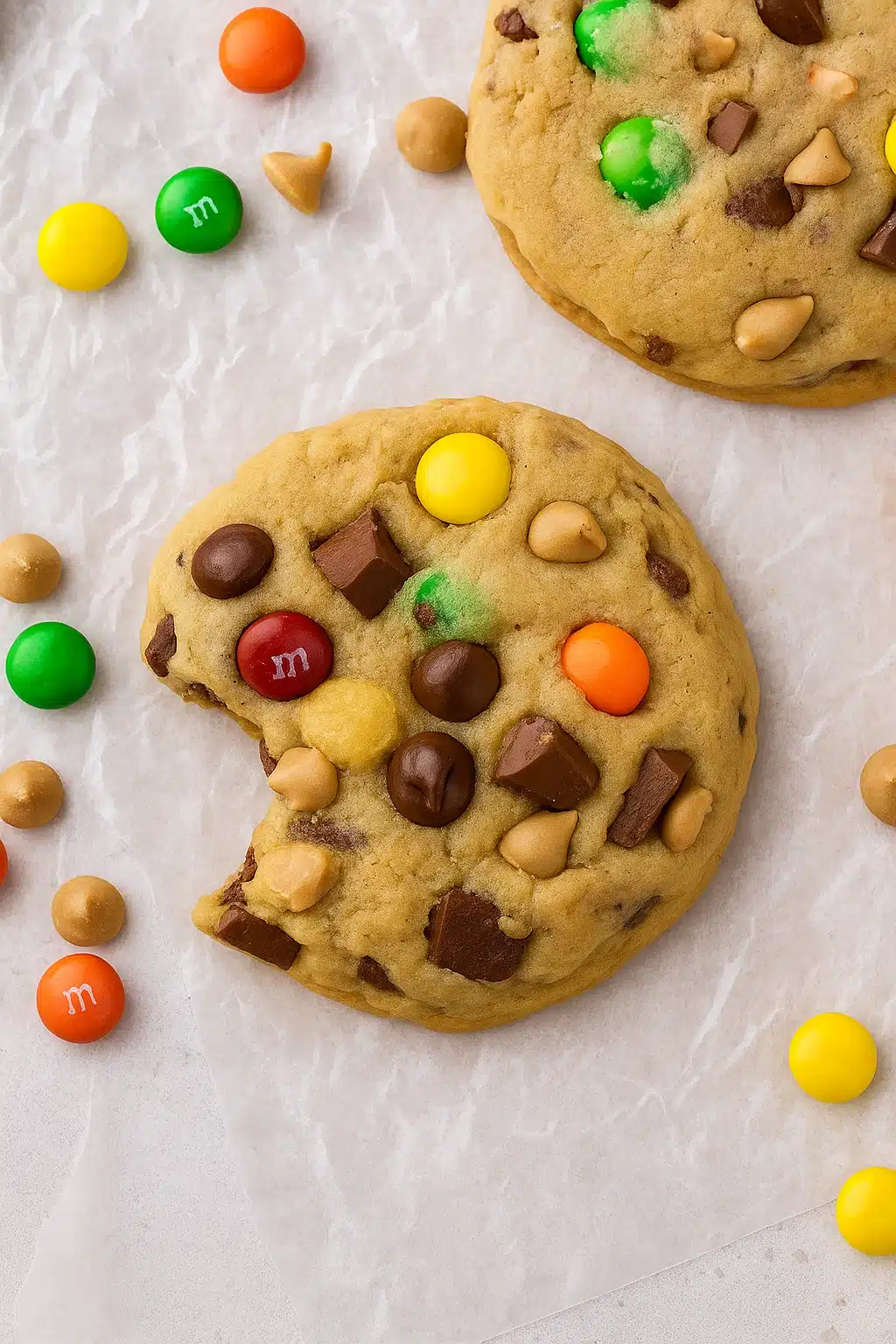 Crumbl Monster cookie recipe with colorful candies, peanut butter chips, and chewy cookie texture
