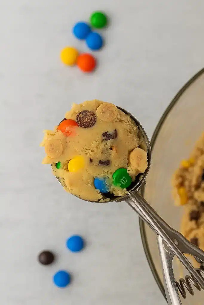 Crumbl Monster cookie recipe dough in scoop with candies and chips