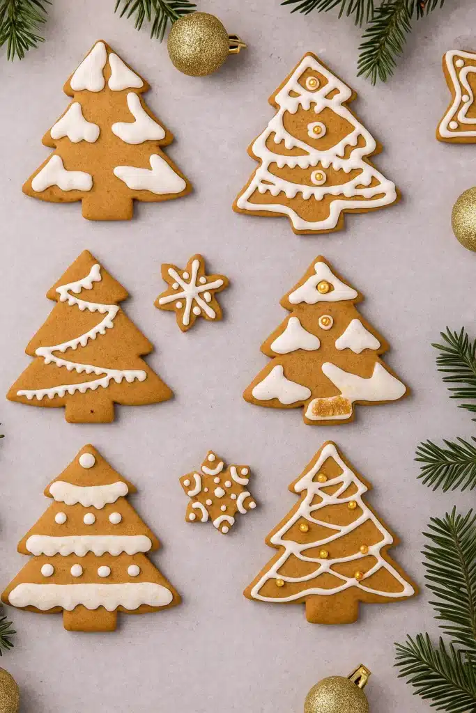 Easy Gingerbread Cookies | Crispy, Festive & Fun to Make 13 Easy Gingerbread Cookies decorated as Christmas trees with white icing